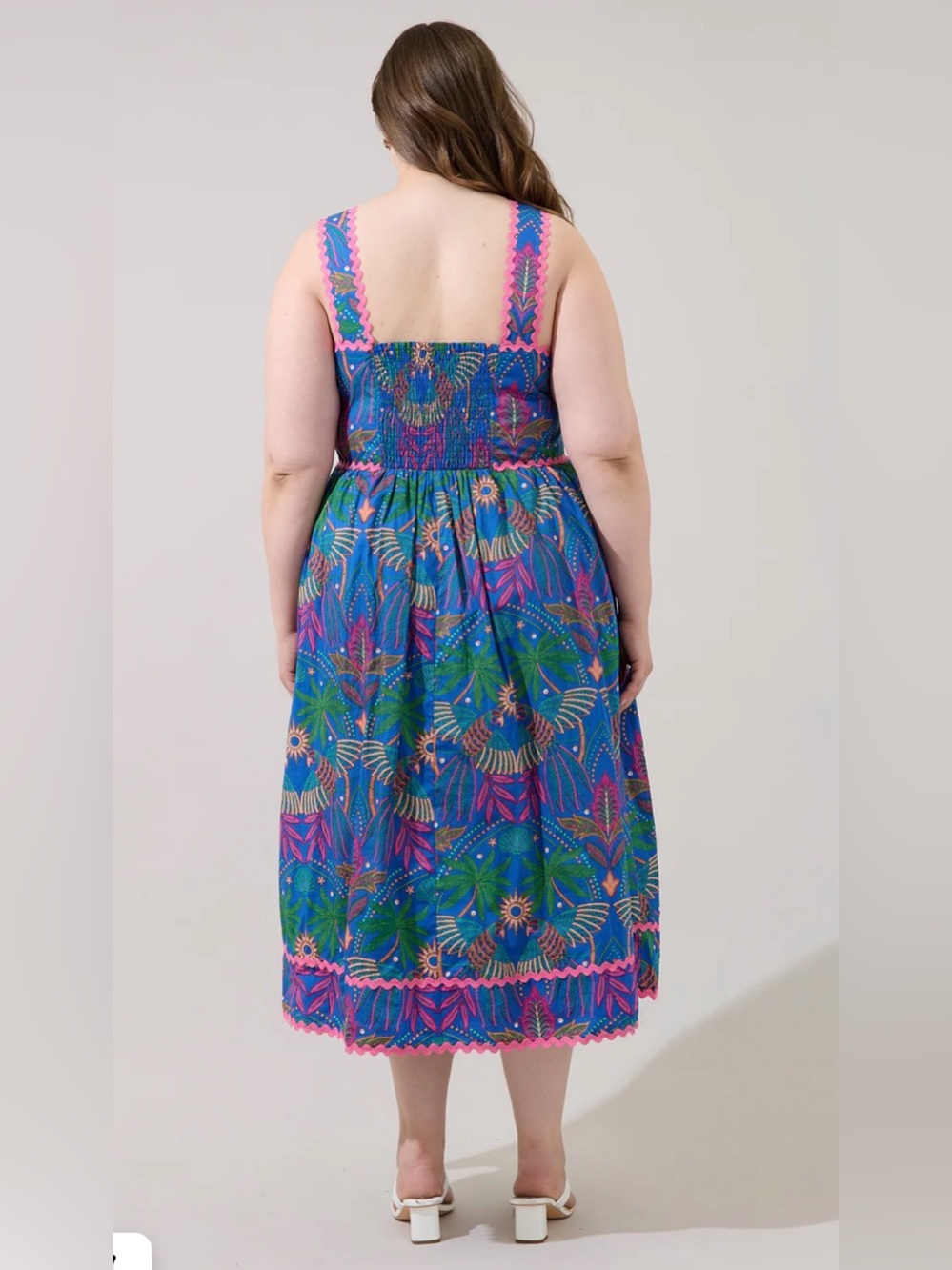 Sugarlips Blue Green Floral Midi Dress with Pink Trim - Picture 4 of 9